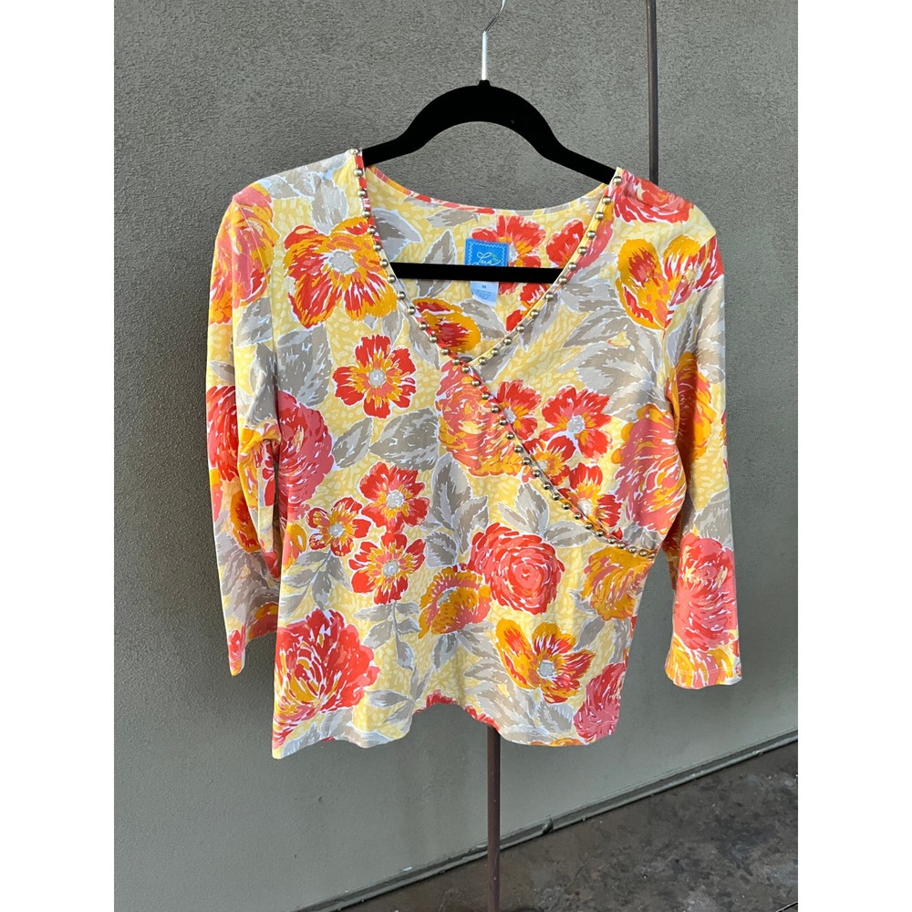 Lara Lane Women Floral V-Neck Top Orange Yellow Gold Bead Trim Fall 3/4 Sleeve M